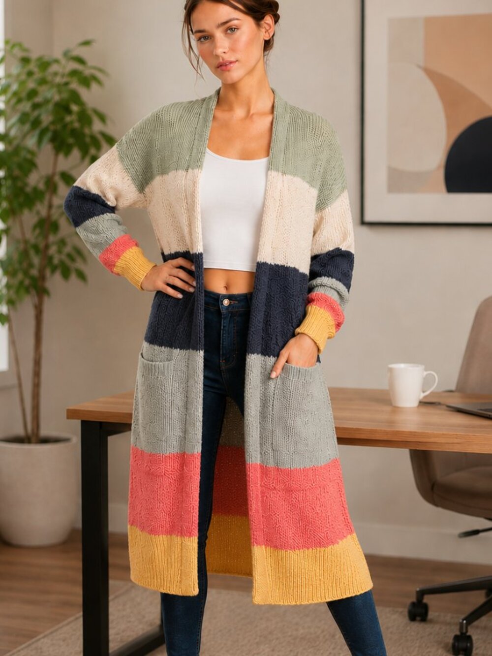 Kayla’s Armoire NWOT Boho Colorblock Chunky Knit Long Duster Cardigan Sweater
